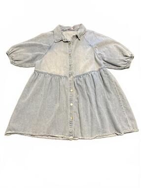 Light Wash Denim Button-Up Baby Doll Dress with Puff Sleeves